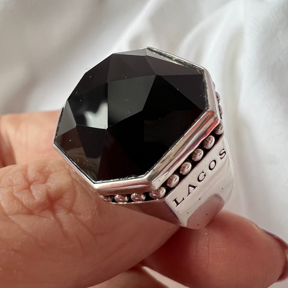 LAGOS 18K GOLD & STERLING SILVER LARGE FACETED ONYX RING STATEMENT UNISEX HEAVY